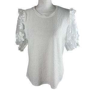 Alice Blue White Pullover Short Sleeve Blouse Lace XL Crepe